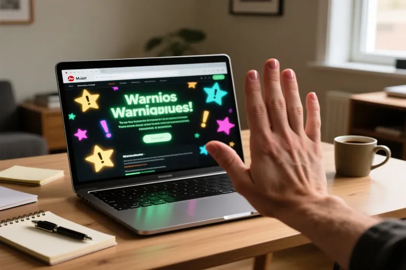 Ecrã de portátil mostrando website suspeito com promessas exageradas enquanto uma mão em primeiro plano faz gesto de paragem em sinal de alerta