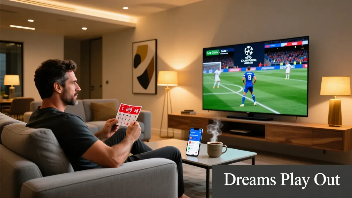 Homem português relaxado no sofá a assistir futebol na televisão enquanto segura um bilhete de lotaria, representando a combinação de duas paixões