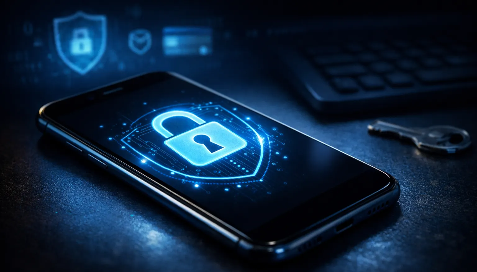 Smartphone com &iacute;cone de cadeado de seguran&ccedil;a