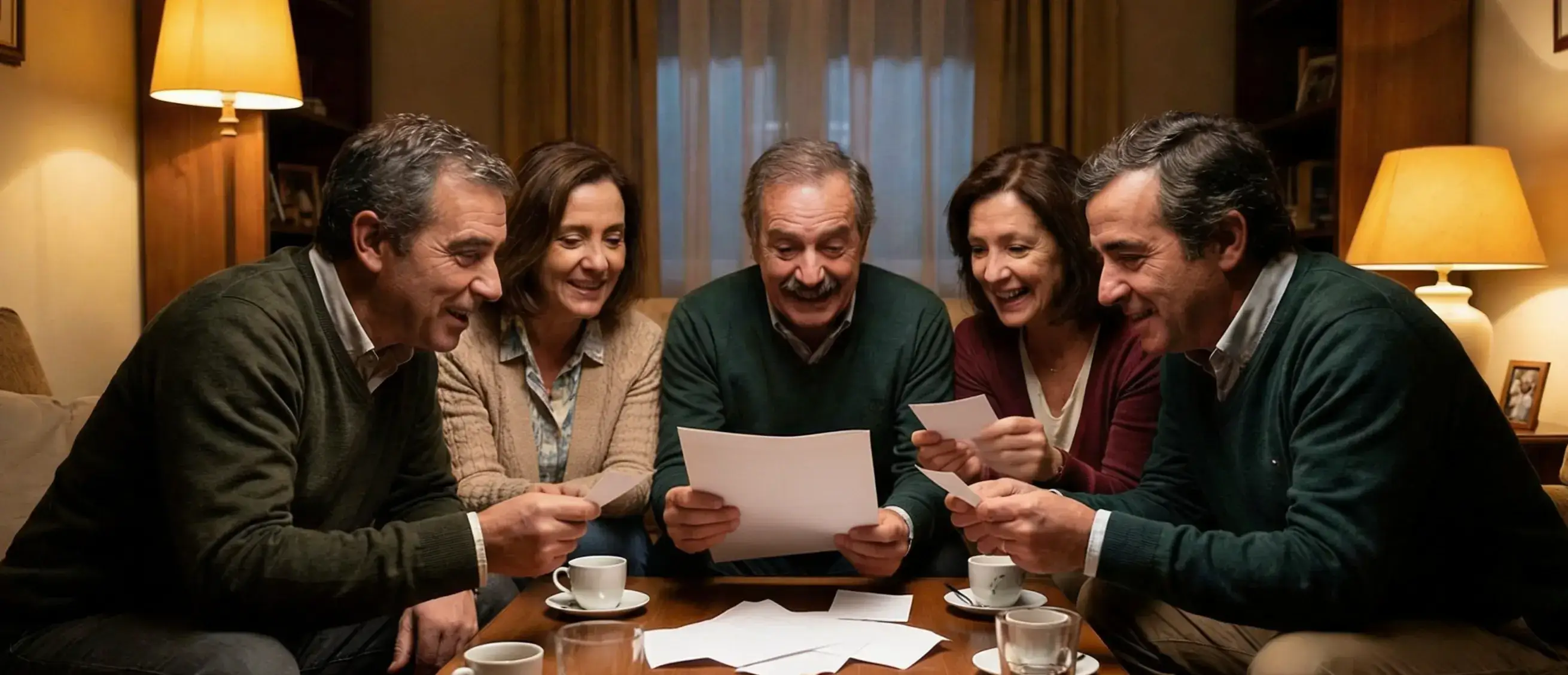 Grupo de amigos a verificar bilhetes de lotaria