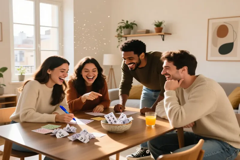 Grupo de quatro amigos portugueses reunidos à volta de uma mesa a preencher bilhetes de lotaria juntos com expressões de alegria e camaradagem