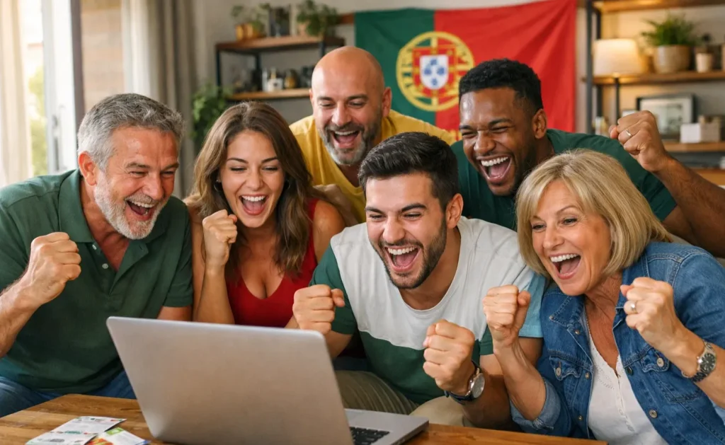 Grupo de pessoas a celebrar em frente a um computador