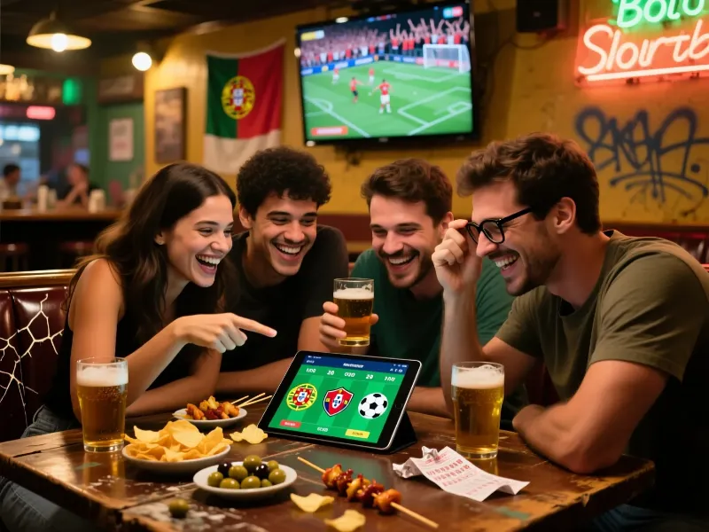Grupo de amigos portugueses a participar num bol&atilde;o de Totobola num bar desportivo