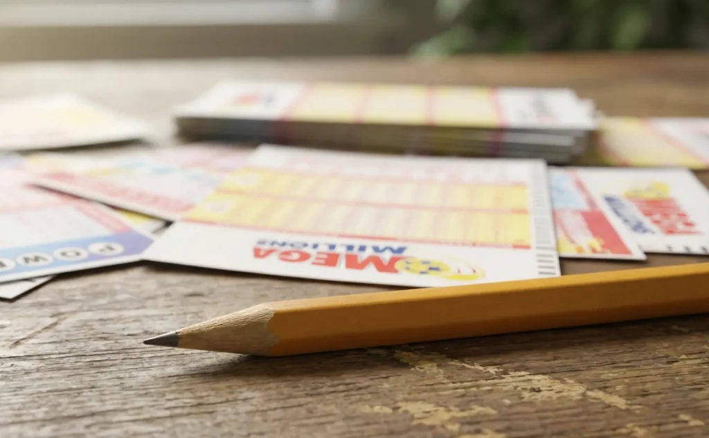Boletins de diferentes jogos de lotaria sobre uma mesa