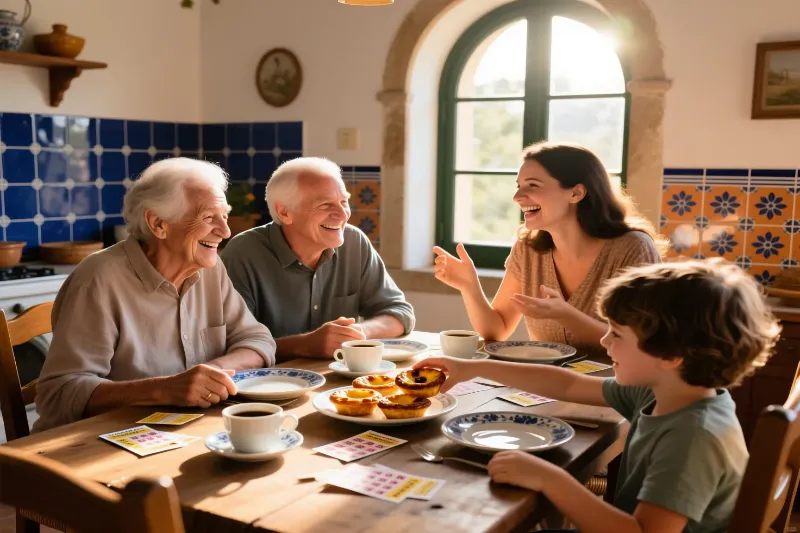Família portuguesa de três gerações reunida à volta da mesa com bilhetes de lotaria, chávenas de café e doces, partilhando momentos de alegria e tradição