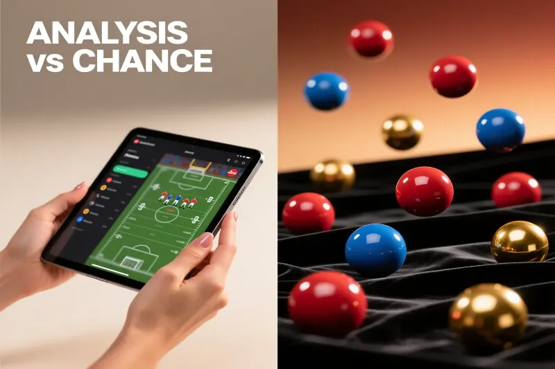 Composição dividida mostrando tablet com estatísticas de futebol de um lado e bolas de lotaria coloridas do outro, representando a diferença entre análise e sorte