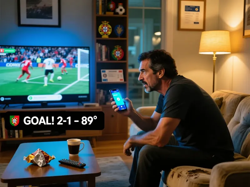 Homem portugu&ecirc;s emocionado a ver jogo de futebol na televis&atilde;o enquanto verifica resultados da lotaria no telem&oacute;vel