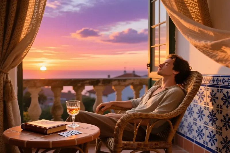 Pessoa relaxada numa varanda portuguesa ao pôr do sol com livro, copo de vinho e bilhete de lotaria, transmitindo equilíbrio e contentamento