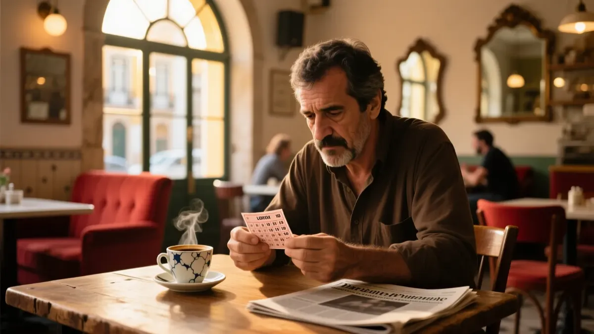 Homem português pensativo num café a olhar para um bilhete de lotaria com expressão contemplativa, reflectindo sobre sorte e realidade