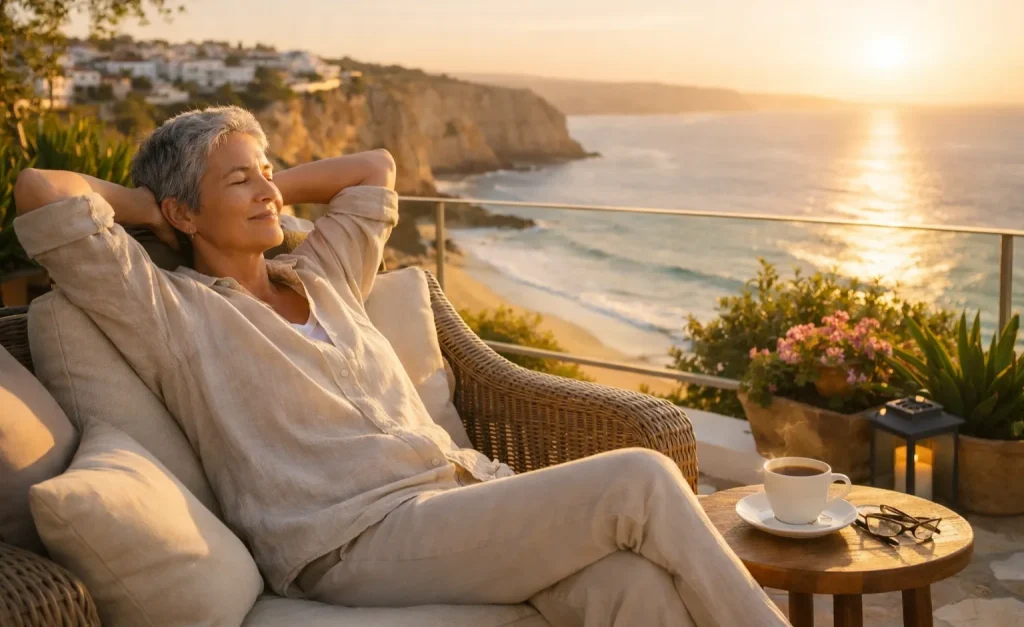 Pessoa relaxada numa varanda com vista para o mar ao pôr do sol