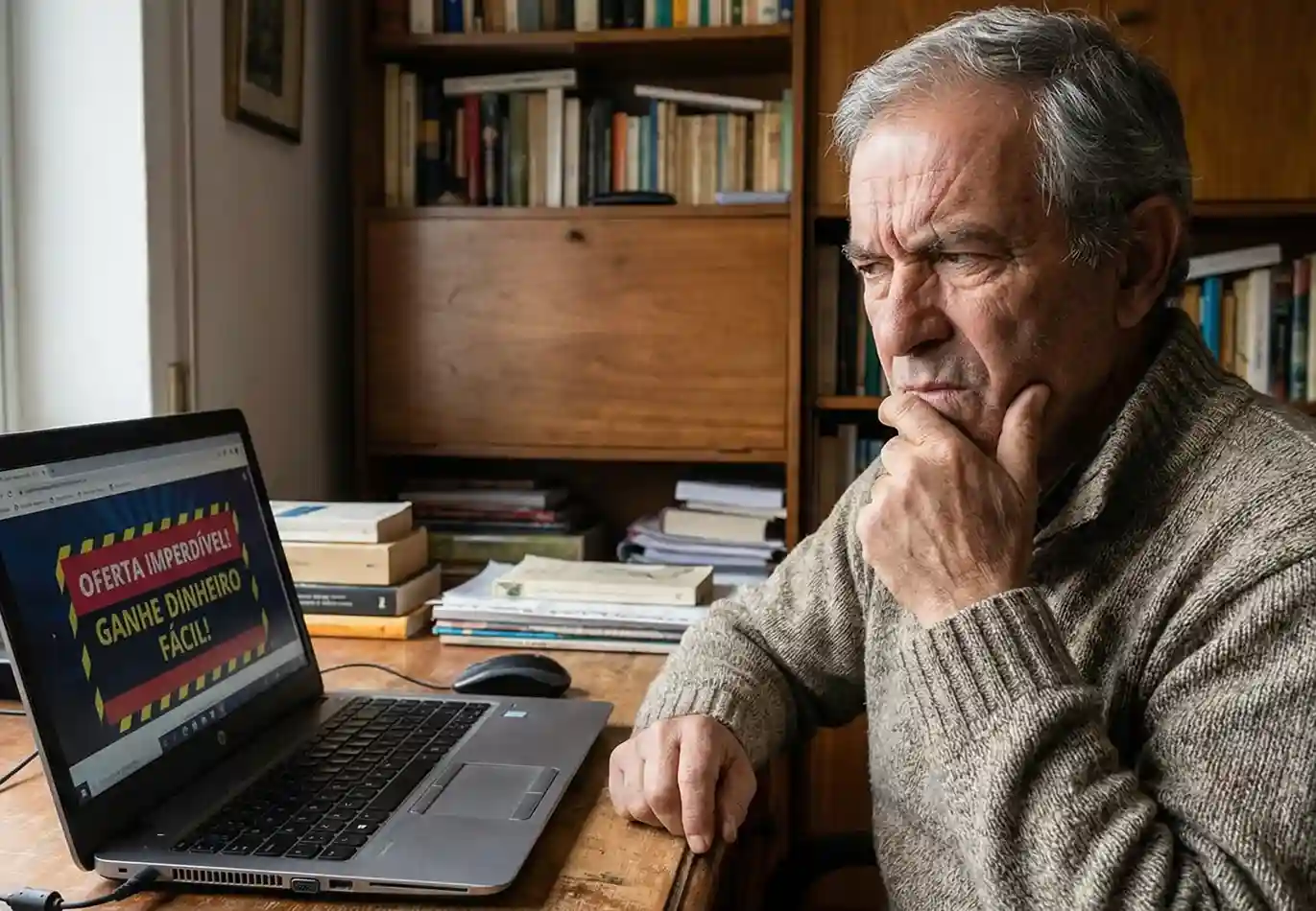 Pessoa desconfiada a olhar para um ecrã de computador