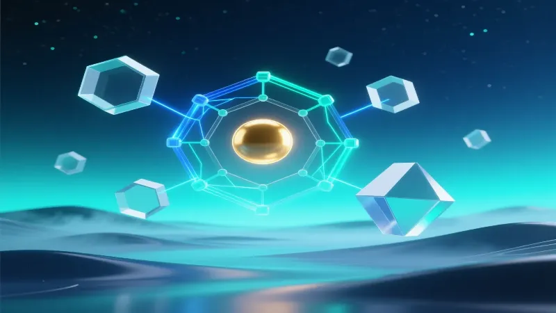 Visualização digital abstracta com formas geométricas translúcidas conectadas por linhas brilhantes, representando inovação tecnológica