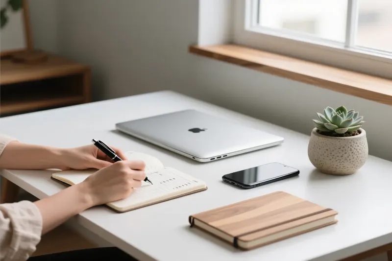 Secretária organizada com mãos a escrever num caderno de planeamento, portátil fechado e smartphone virado para baixo, transmitindo gestão financeira responsável