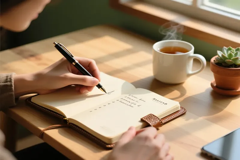 Mãos a escrever num diário elegante sobre uma secretária limpa, com chávena de café e planta, transmitindo planeamento consciente