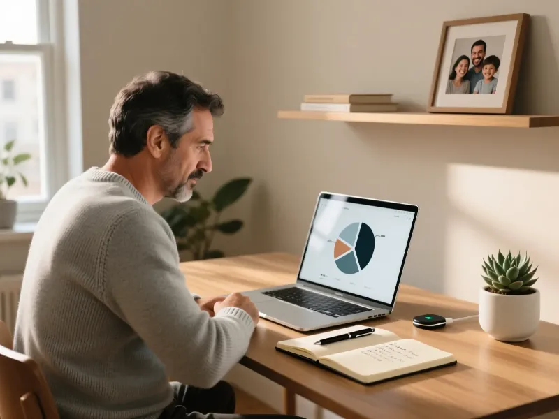 Homem portugu&ecirc;s a planear o or&ccedil;amento de apostas de forma respons&aacute;vel no computador port&aacute;til em casa