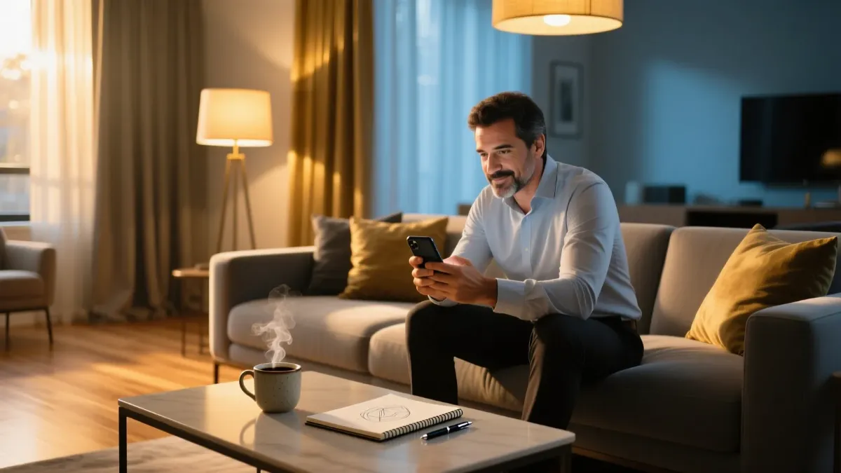 Pessoa relaxada em casa a usar smartphone para participar em apostas de lotaria online, ambiente acolhedor com iluminação quente