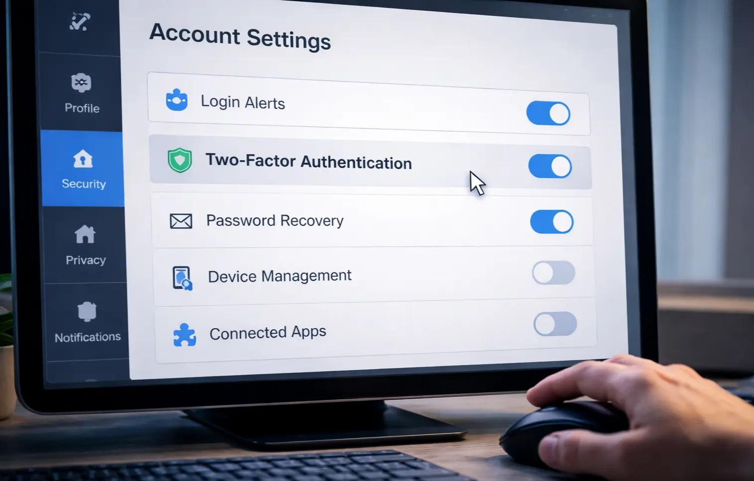 Ecrã de computador a mostrar definições de conta com opções de protecção