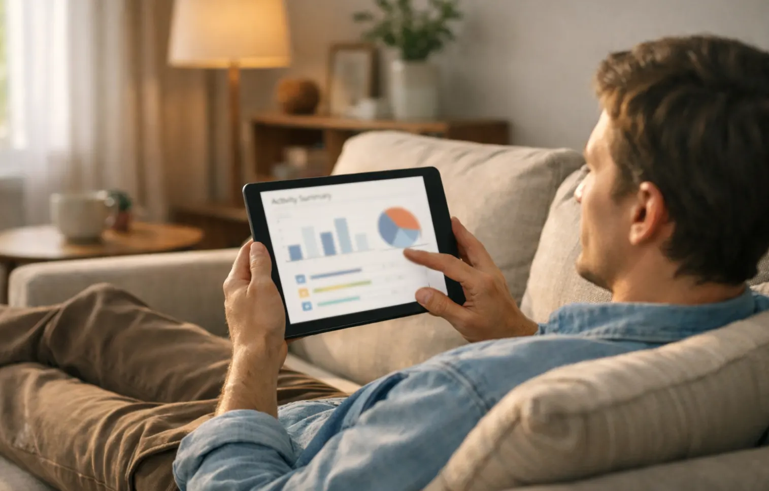 Pessoa a analisar um relat&oacute;rio de actividade num tablet