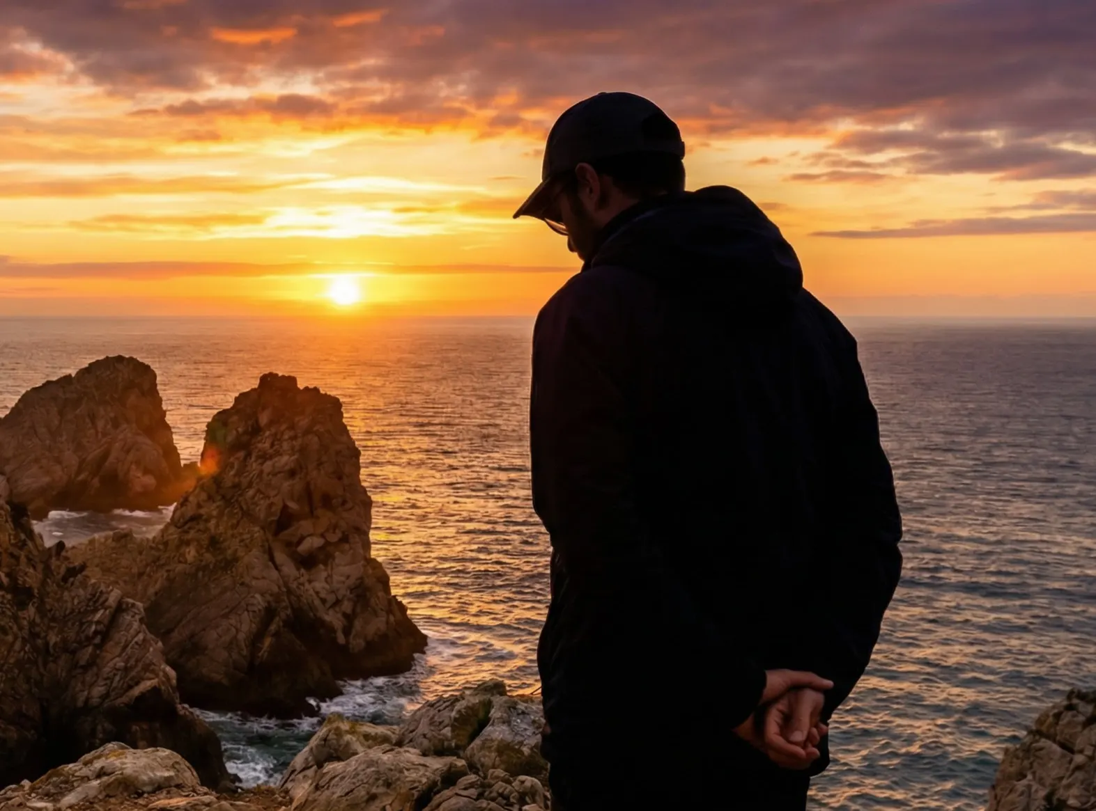 Pessoa pensativa a olhar para um horizonte ao p&ocirc;r do sol