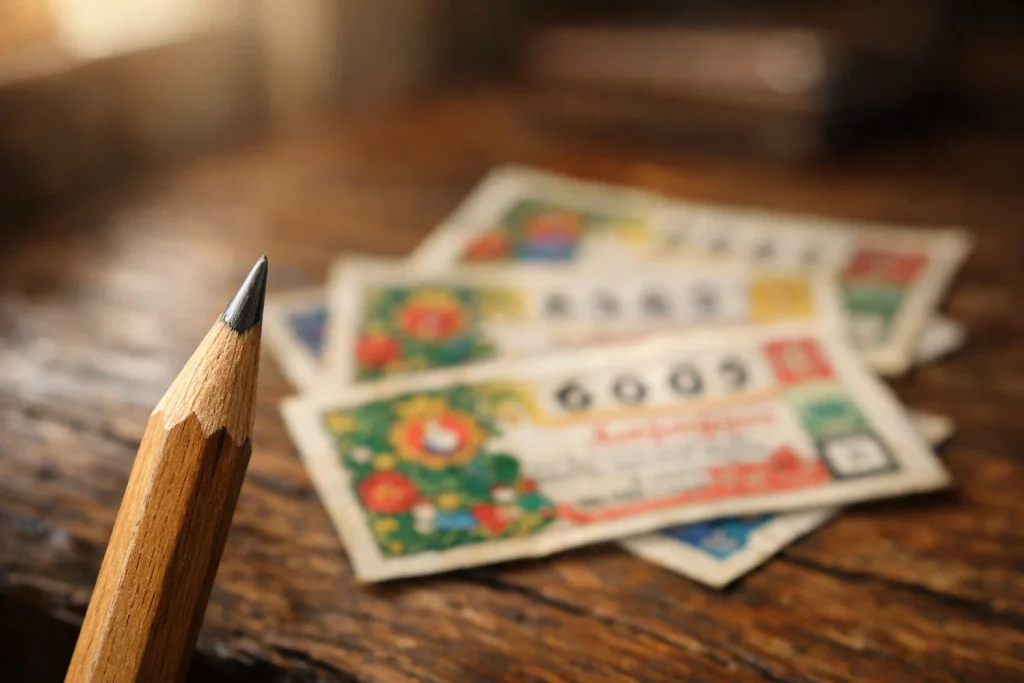 Bilhetes de lotaria portuguesa tradicional sobre uma mesa de madeira