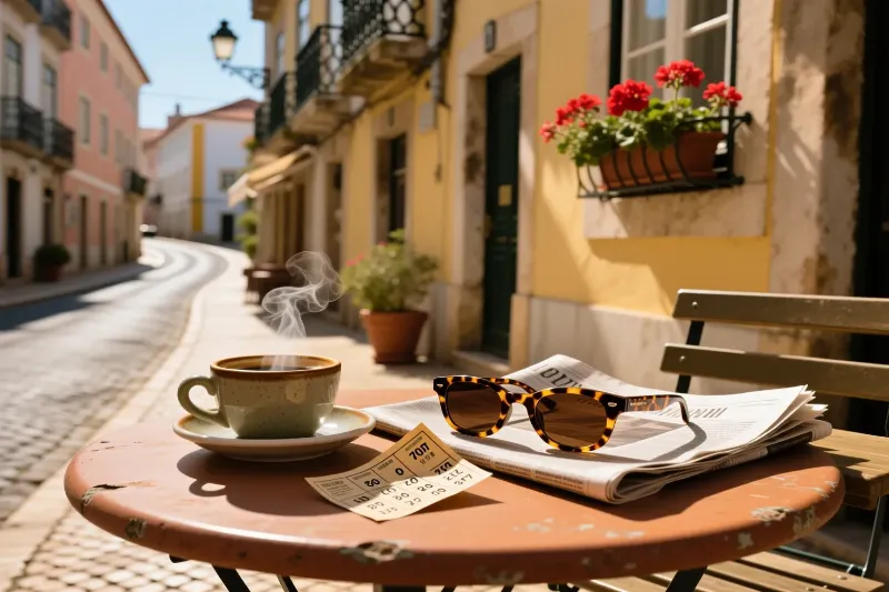 Bilhete de lotaria numa mesa de café ao ar livre junto a uma chávena de café e óculos de sol num dia solarengo, representando a lotaria como simples prazer quotidiano