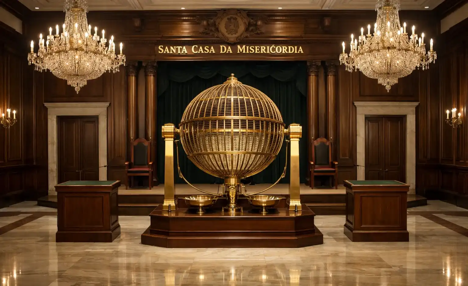 Sala de extrac&ccedil;&otilde;es da Santa Casa com a roda de sorteio tradicional