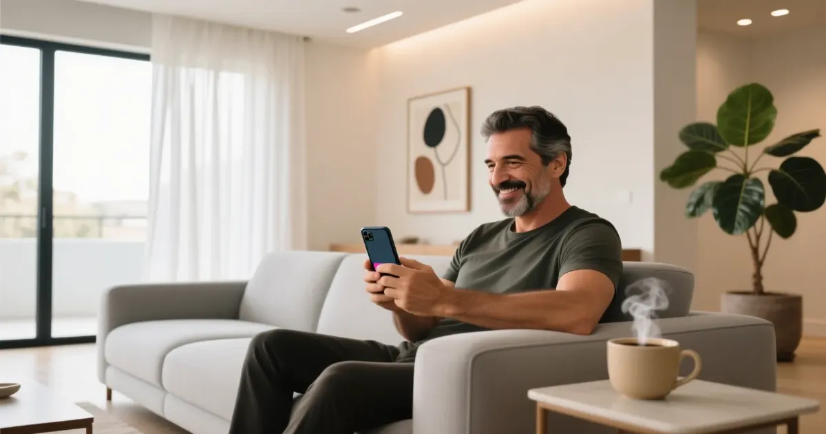 Homem português a apostar em lotaria online confortavelmente em casa através do telemóvel