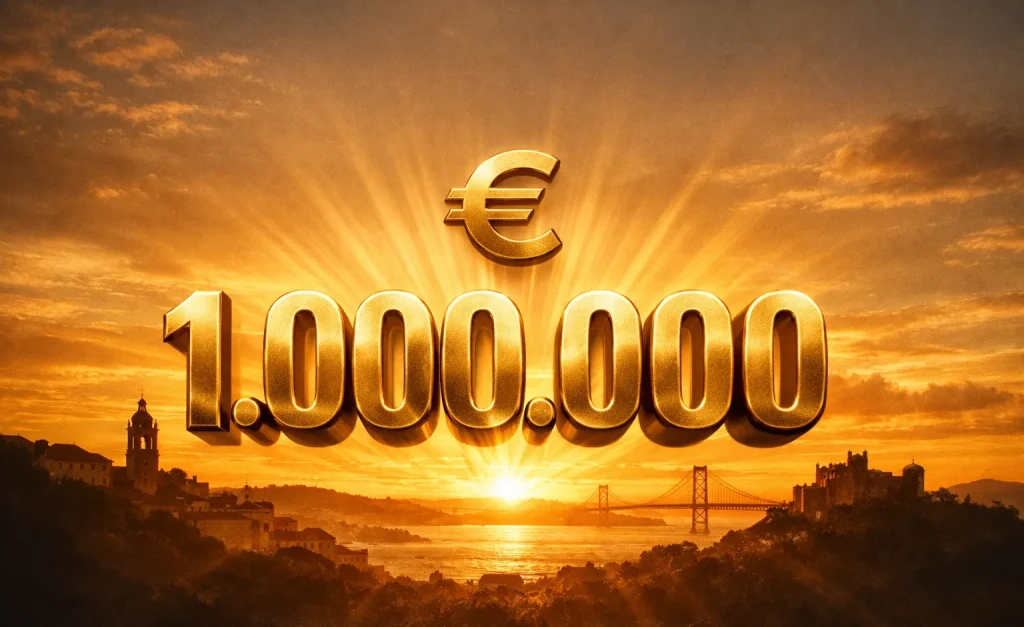 Símbolo de um milhão de euros com brilho dourado sobre fundo português