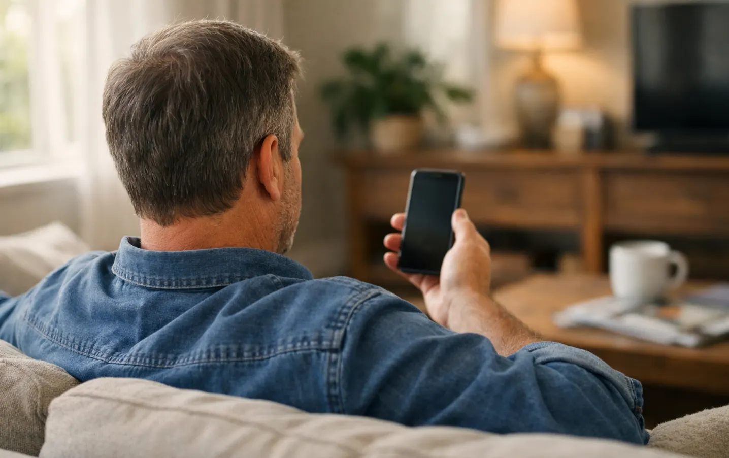 Pessoa relaxada a verificar resultados de lotaria num telem&oacute;vel