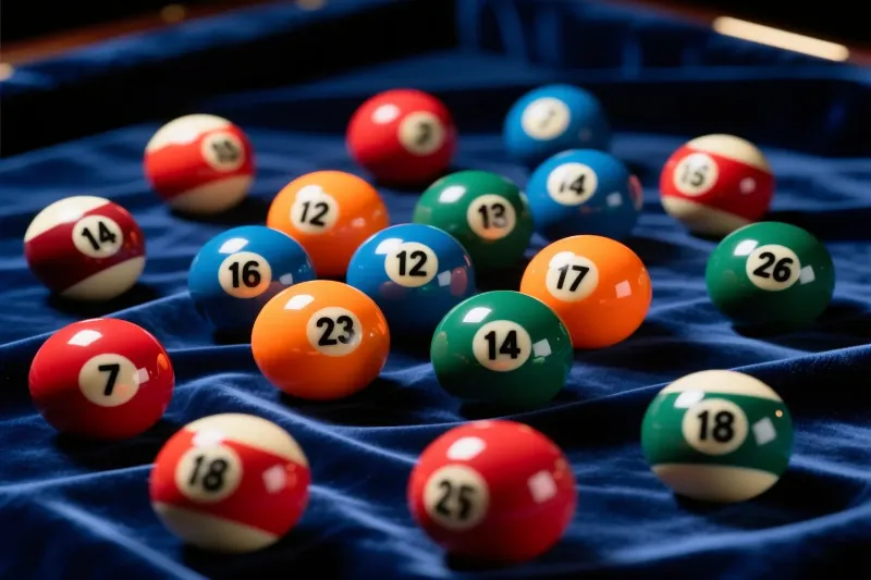 Bolas de lotaria coloridas espalhadas sobre veludo escuro, algumas em tons quentes e outras em tons frios, ilustrando o mito dos números