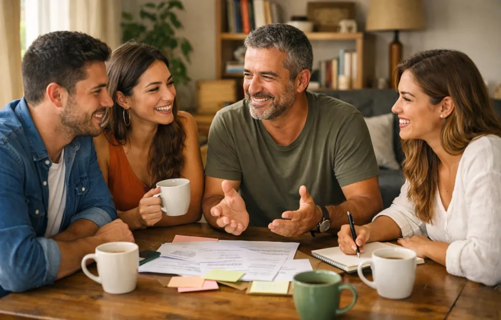 Grupo de amigos reunidos a discutir planos