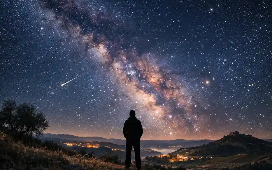 Pessoa a observar o c&eacute;u nocturno estrelado