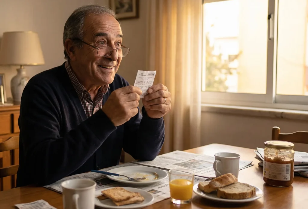 Pessoa feliz a verificar um boletim de lotaria