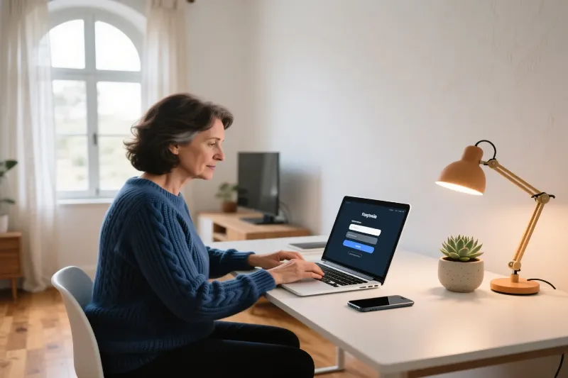 Mulher a preencher formul&aacute;rio de registo para conta de lotaria online no computador port&aacute;til