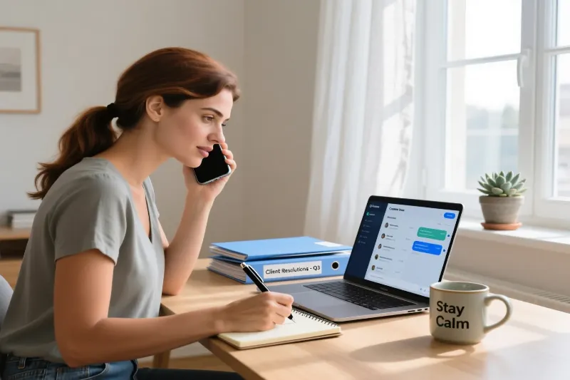 Mulher portuguesa a falar ao telefone enquanto toma notas e olha para o portátil, resolvendo uma questão de forma organizada