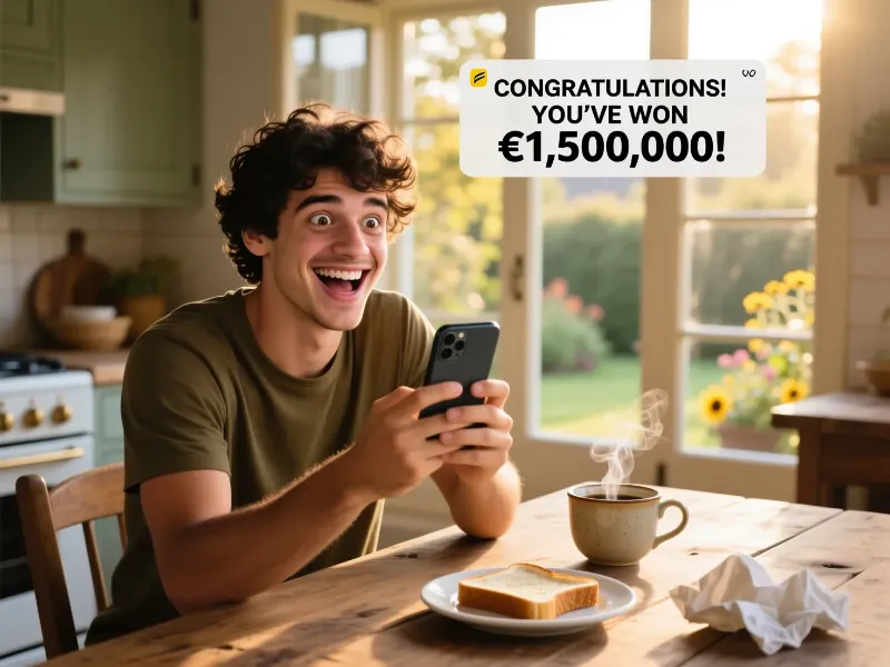 Homem portugu&ecirc;s feliz a verificar no telem&oacute;vel notifica&ccedil;&atilde;o de pr&eacute;mio ganho na lotaria online