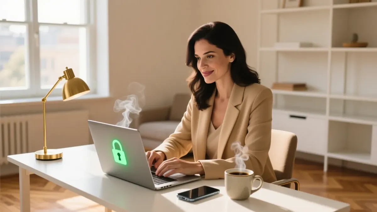 Mulher portuguesa a utilizar computador portátil em ambiente seguro de casa, demonstrando confiança nas apostas online