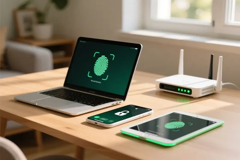 Configuração de segurança doméstica com portátil, smartphone e tablet numa secretária, todos mostrando ecrãs de bloqueio com símbolos de segurança