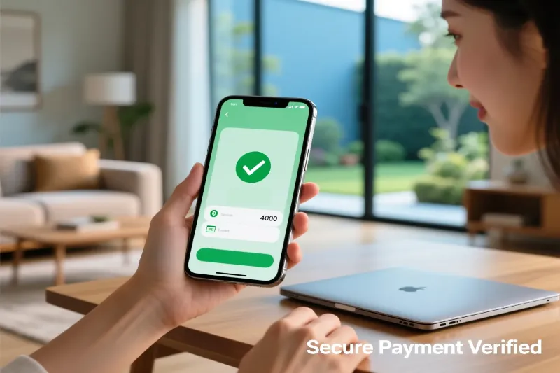 Smartphone na mão de uma mulher mostrando confirmação de pagamento seguro com símbolo de verificação verde