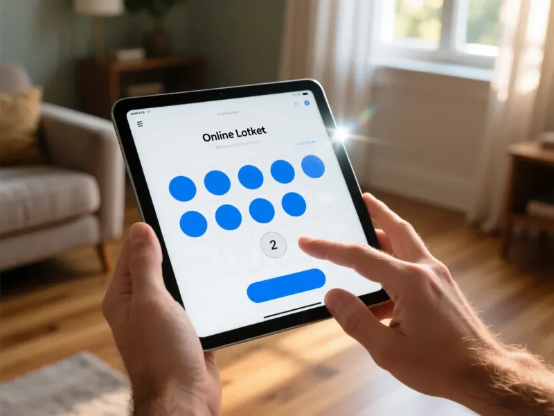 Tablet a mostrar interface digital de lotaria com n&uacute;meros seleccionados para aposta