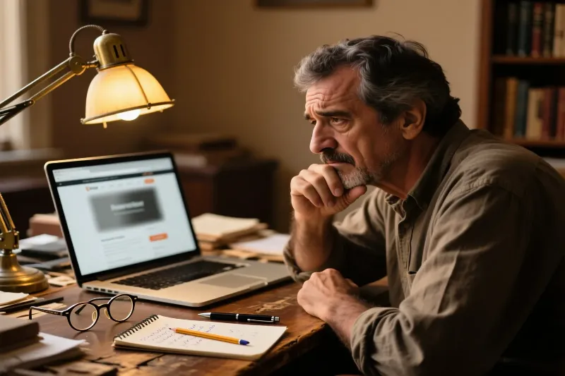Homem português a analisar cuidadosamente o ecrã do portátil com expressão céptica e cautelosa
