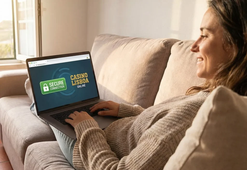 Pessoa a usar um computador portátil com segurança em casa