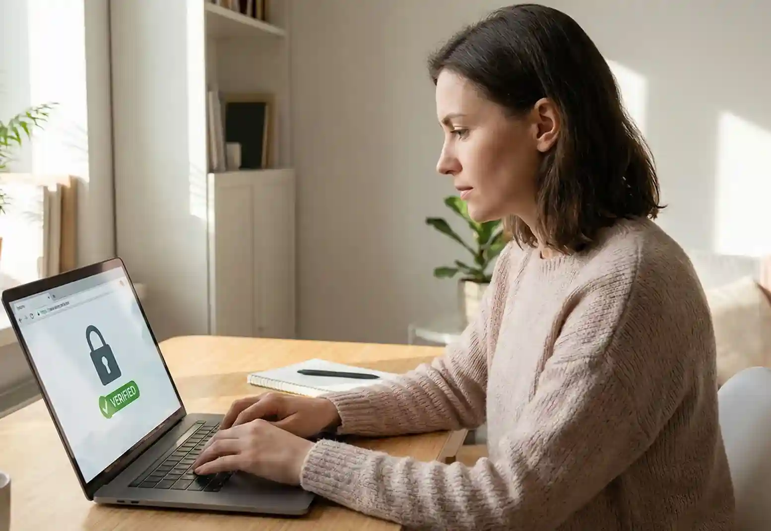 Pessoa a usar um computador portátil em segurança em casa