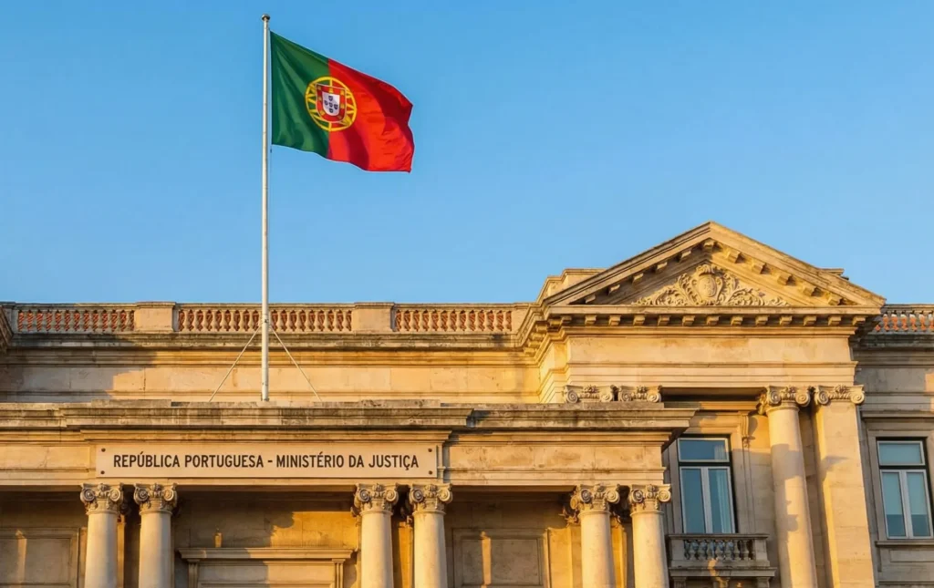 Edifício institucional português com bandeira nacional