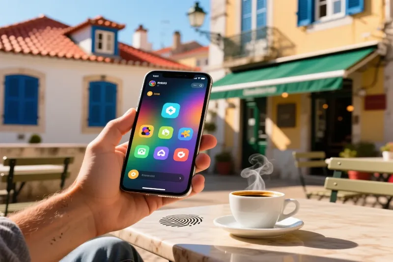 Smartphone na mão mostrando aplicação de jogos numa esplanada portuguesa com chávena de café, representando a conveniência da tecnologia móvel