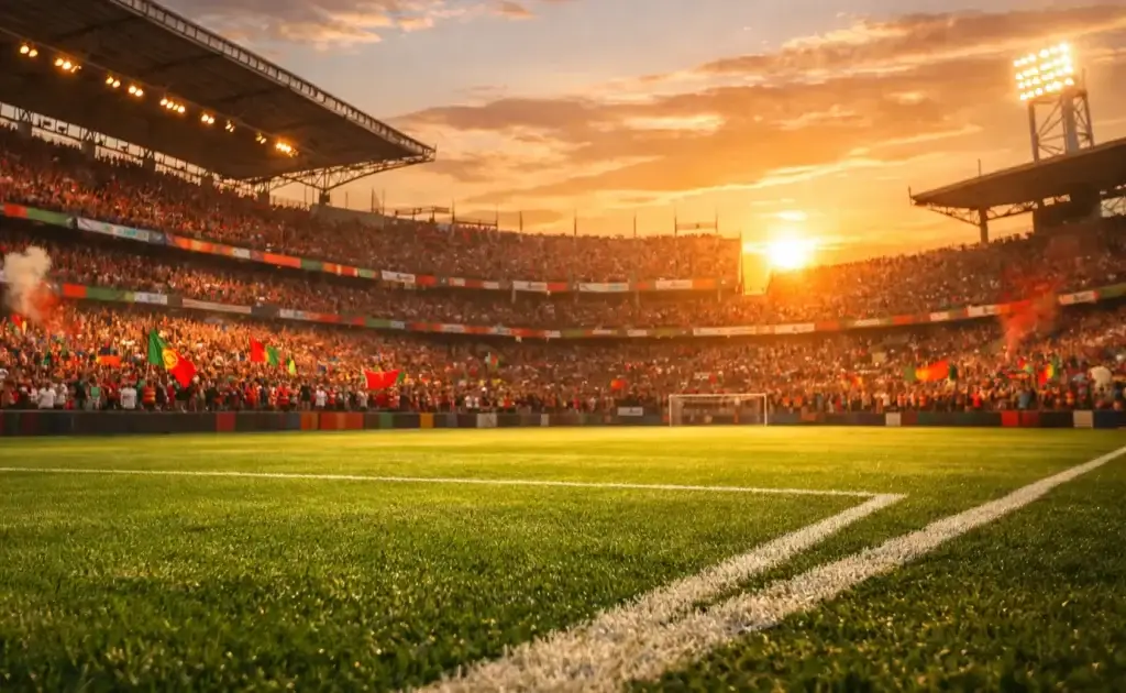 Estádio de futebol português ao entardecer com bancadas cheias
