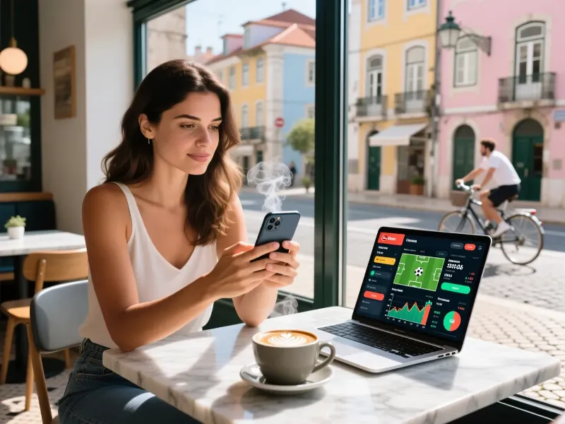 Jovem portuguesa a fazer apostas de Totobola online atrav&eacute;s do telem&oacute;vel num caf&eacute; moderno
