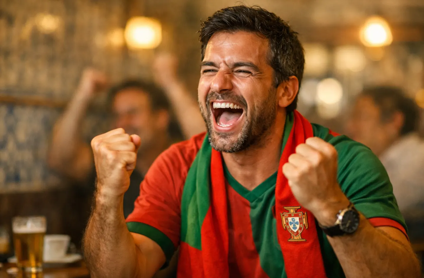 Adeptos de futebol a celebrar num caf&eacute; portugu&ecirc;s